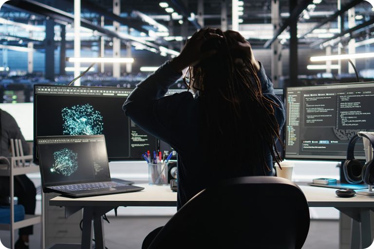 mujer con las manos en la cabeza delante de varios monitores
