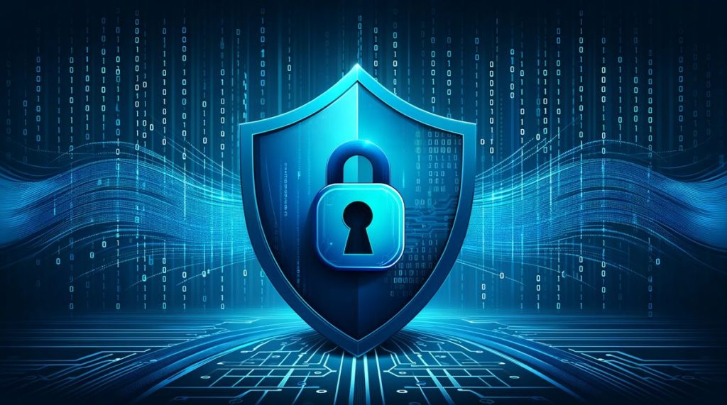Escudo digital con un candado en el centro que simboliza la protección y la seguridad de los datos frente a amenazas.