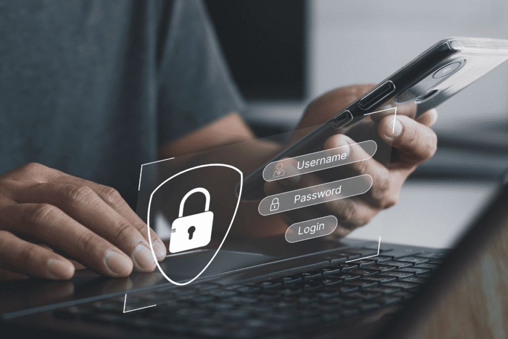 Persona usando un móvil junto a un portátil con iconos de candado y campos de acceso, representando la autenticación de dos factores y la seguridad digital.