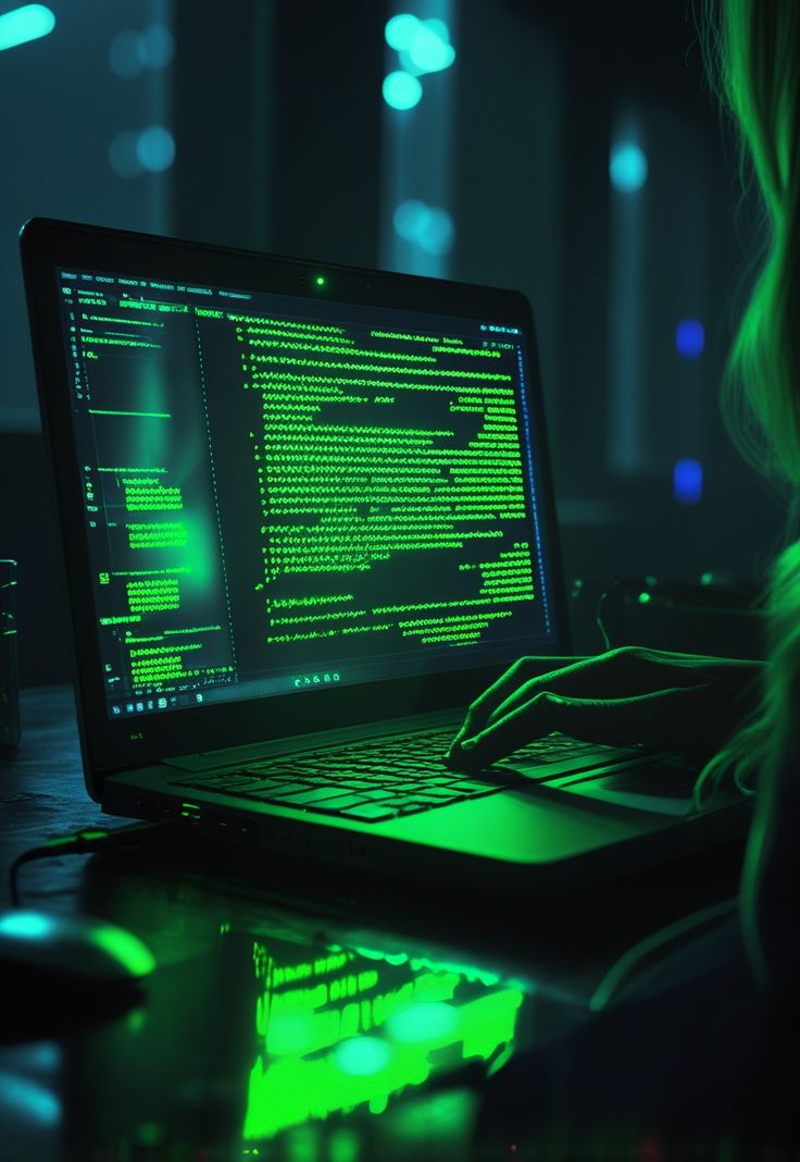 Pantalla de portátil mostrando líneas de código verde en un entorno oscuro, representando equipos comprometidos utilizados dentro de una botnet.