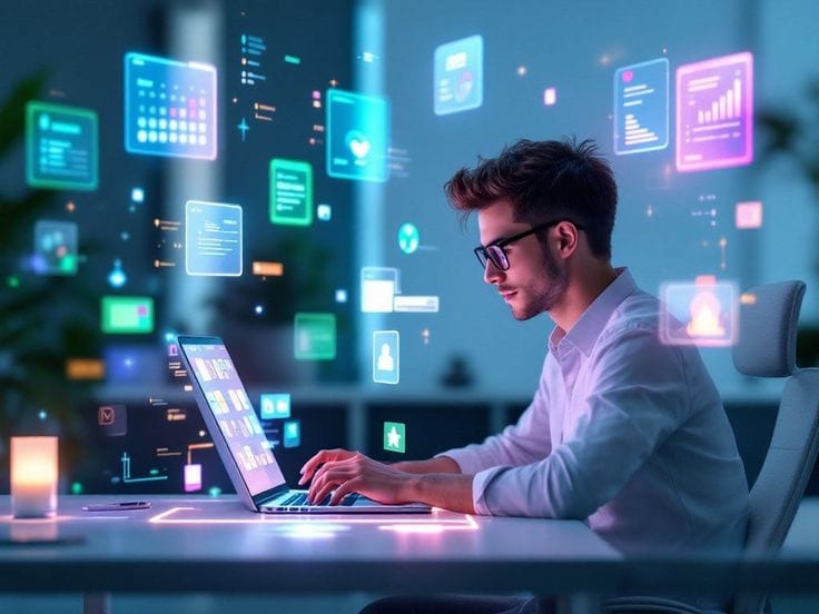 Persona trabajando en un ordenador portátil rodeada de paneles digitales y gráficos flotantes que simbolizan el análisis y la auditoría de sistemas informáticos.