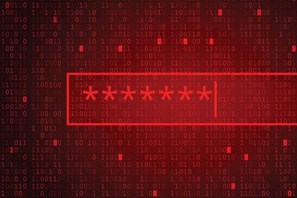 Contraseña oculta sobre fondo de código binario rojo, representando el riesgo de ataques y la importancia de usar claves seguras.