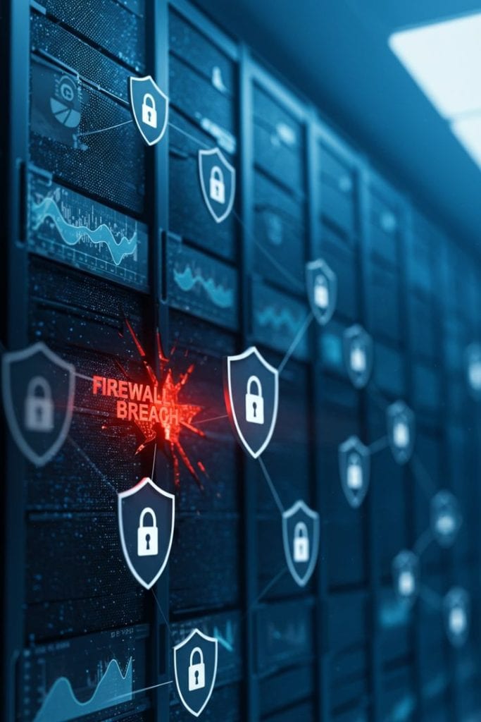 Servidores protegidos por múltiples escudos de seguridad digitales, con una alerta de “Firewall Breach” resaltada en rojo que representa un intento de intrusión en la red.