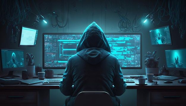Persona con capucha frente a varias pantallas con código y datos, representando a un hacker trabajando en un entorno de ciberseguridad.