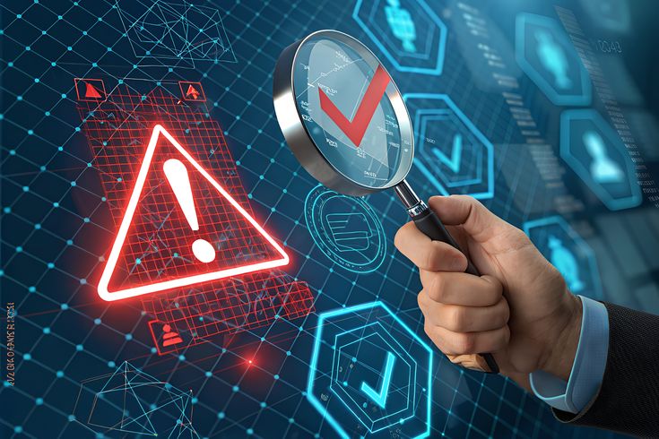 Lupa examinando una alerta de seguridad digital, representando la detección y gestión de incidentes para minimizar riesgos y proteger sistemas.