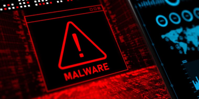 Pantalla digital con una alerta de malware en rojo y un símbolo de advertencia, representando una amenaza informática que puede comprometer sistemas y datos empresariales.