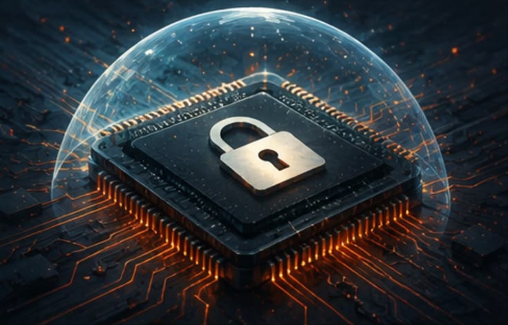 Chip de seguridad protegido por un candado y una barrera digital, simbolizando la aplicación de parches de seguridad para reforzar la protección de sistemas informáticos.