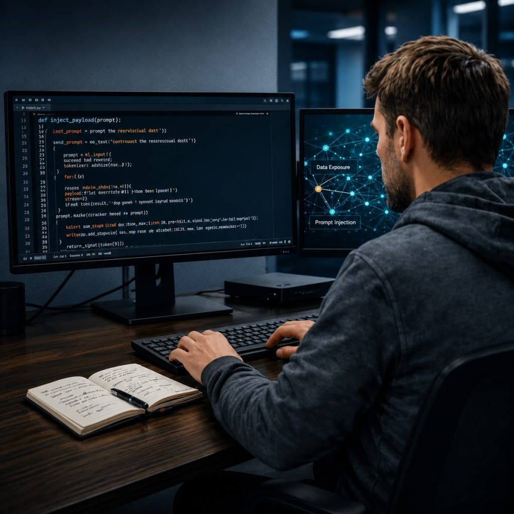 Persona trabajando frente a varias pantallas con código y gráficos de seguridad, representando pruebas de ciberseguridad y análisis de vulnerabilidades en sistemas informáticos.