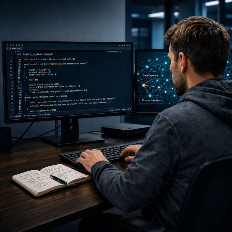 Persona trabajando frente a varias pantallas con código y gráficos de seguridad, representando pruebas de ciberseguridad y análisis de vulnerabilidades en sistemas informáticos.