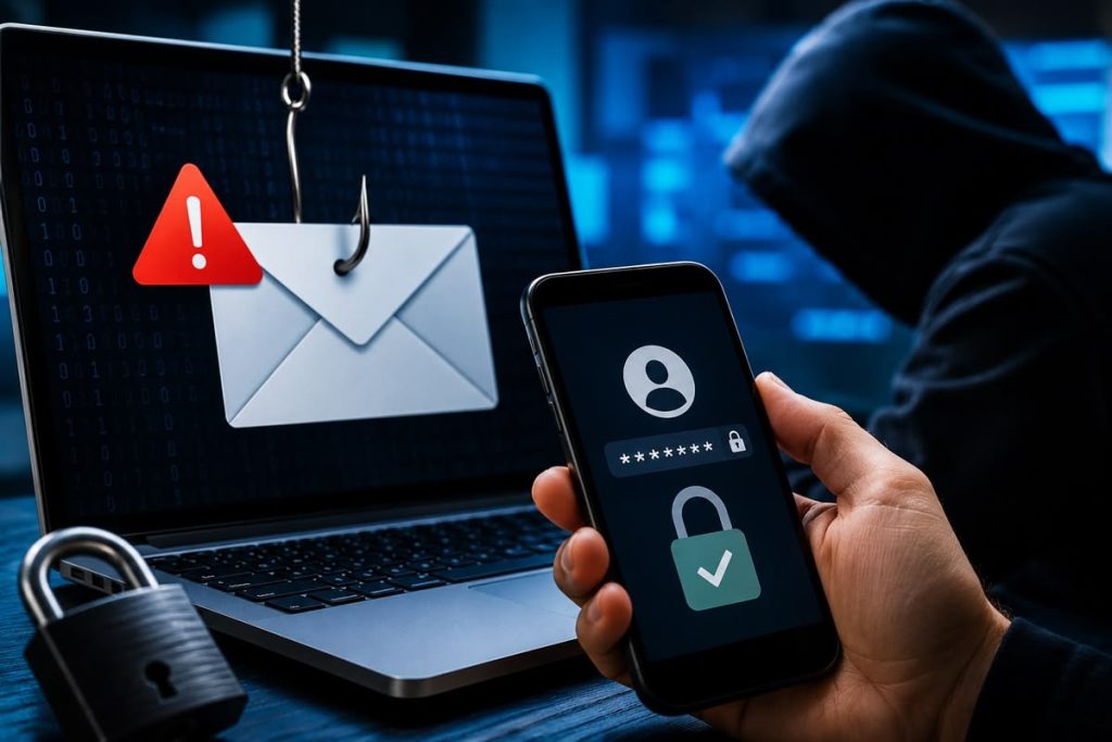 Correo electrónico atrapado en un anzuelo junto a un portátil y un móvil con pantalla de acceso, representando un ataque de phishing para robar credenciales y datos personales.